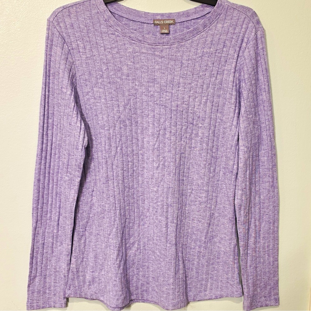 Falls Creek Purple Solid Rib Knit Round Neck Long Sleeve T-Shirt Size L #114